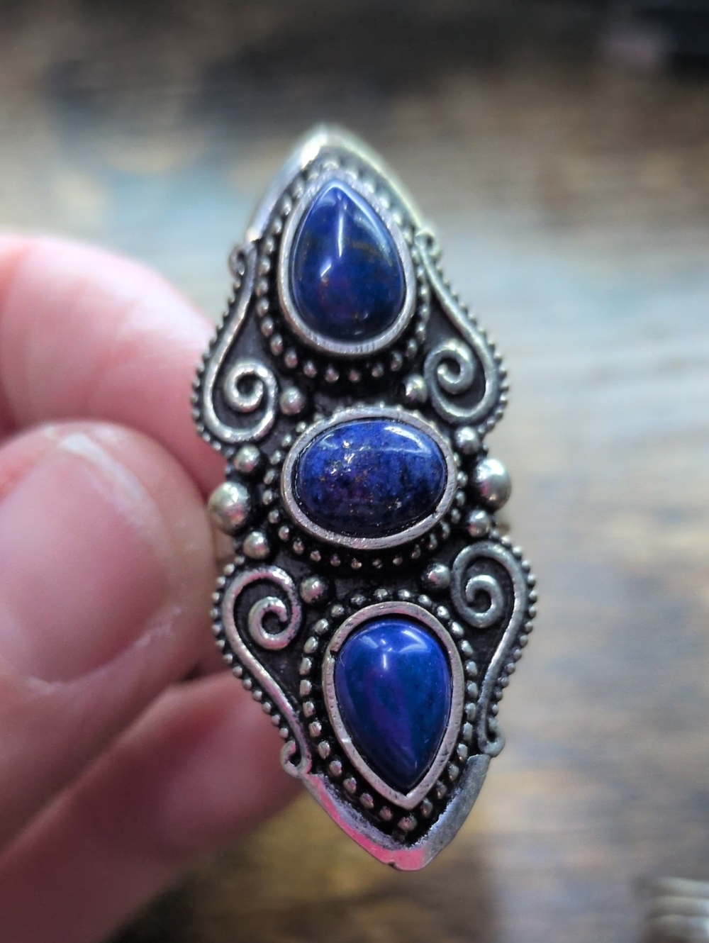 Sterling-Style Lapis Lazuli Triple-Stone Statement Ring - Blue